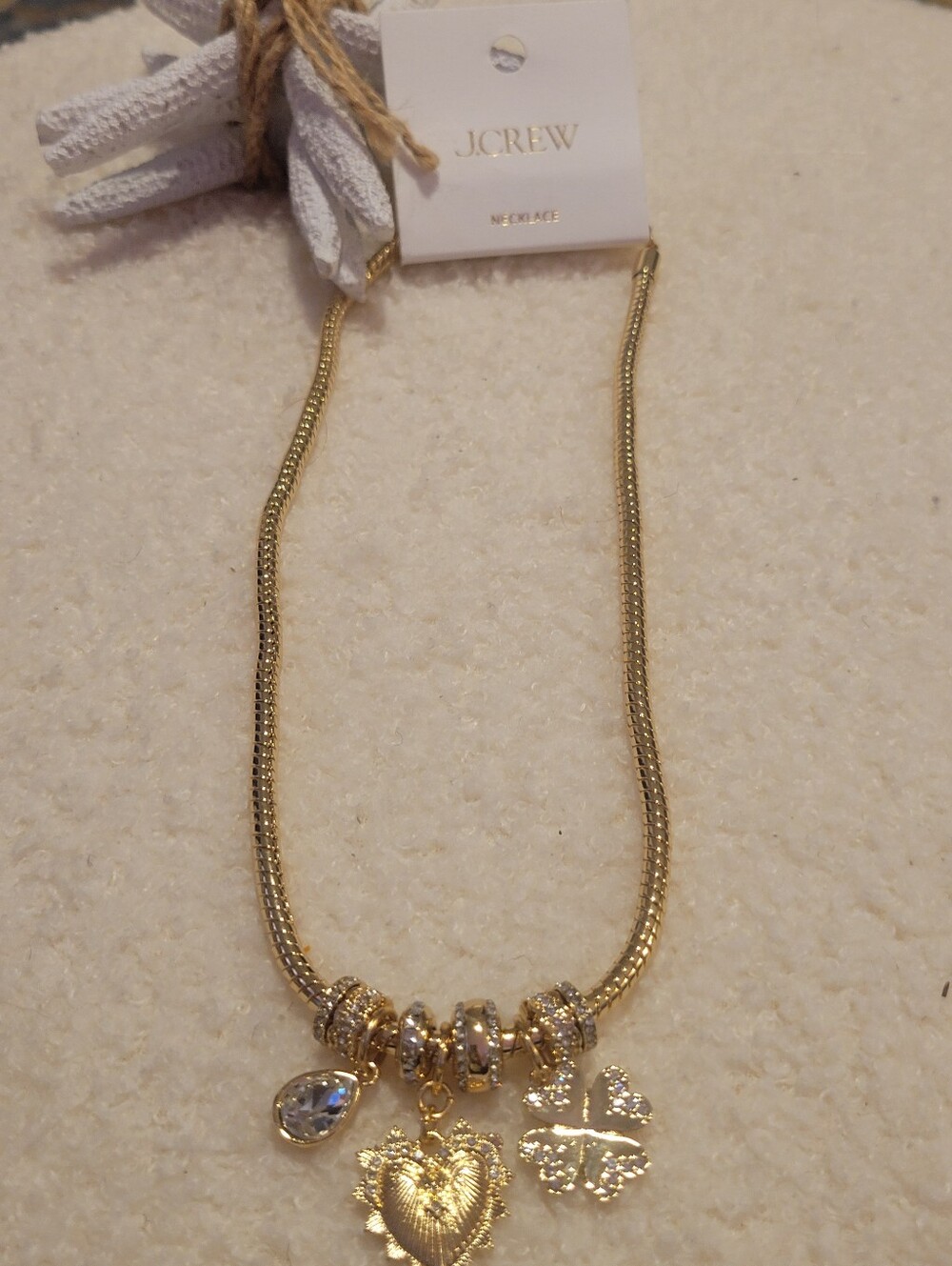 J. Crew Gold Tone Heart, Clover & Crystal Charm Necklace